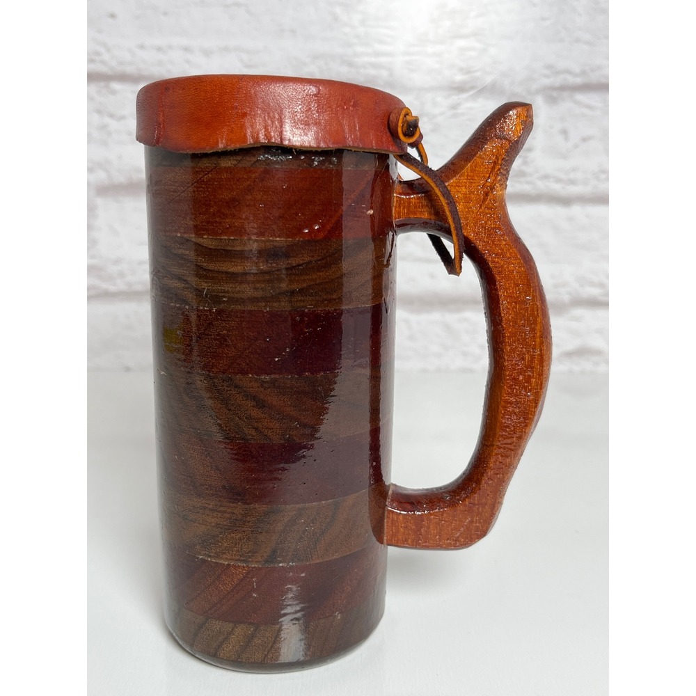 Vintage Handcrafted Wooden Beer Stein Tankard with Howling Wolf Leather Lid